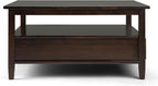 SIMPLIHOME Warm Shaker Square Coffee Table - 36 inch Wide Solid Wood Cocktail Table in Tobacco Brown, Transitional Living Room Table with Large Storage Drawer and Open Shelf for Sitting Area