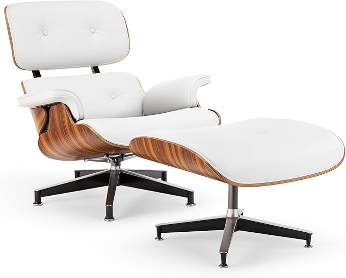 Top White PU Leather, Mid Century Chaise Lounge Chair and Ottoman, Modern Chair Classic Design, Palisander Wood, Heavy Duty Base Support for Living Room Office