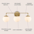 JONATHAN Y JYL3536A Louis Parisian Globe 25" 3-Light Metal/Frosted Glass Modern Contemporary LED Vanity Midcentury Glam 2700K LED 4W Bulbs Entryway Lobby Kitchen Bathroom Bedroom Hallway, Brass Gold