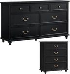 Bedroom Sets, 54" Wide 7 Drawers Dresser and 37" Tall 4 Drawers Dresser, Wooden 2 Piece Bedroom Furniture Set, Chest of Drawer for Bedroom, Home, Living Room, Hallway, Black