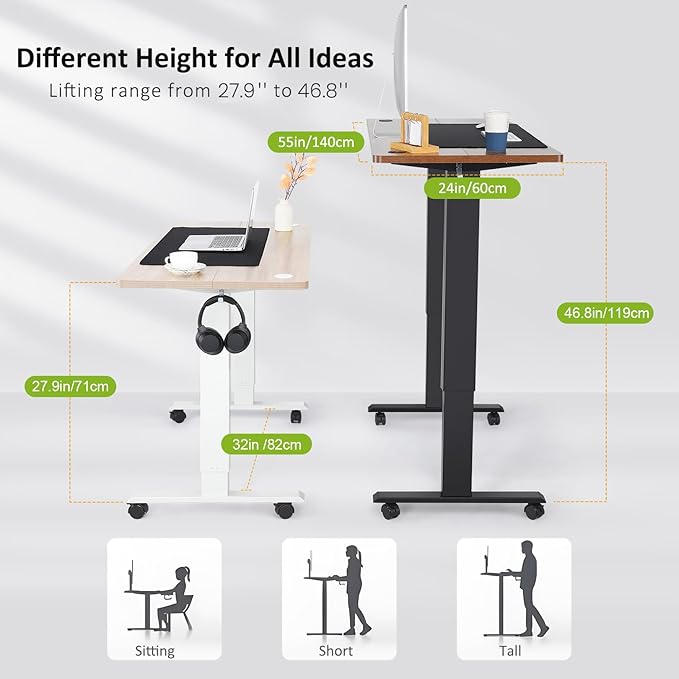 farexon Electric Standing Desk Adjustable Height, 48 x 24 inch Sit Stand Desk with Metal Hook, 4 Memory Heights, 27''-46'' Lifting Range Stand up Desk with Wheels(Oak Gray)