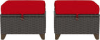 2 Pieces Patio Outdoor Ottomans with Removable and Washable Covers，PE Rattan Wicker Footstools for Porch, Garden, Sunroom (Red)