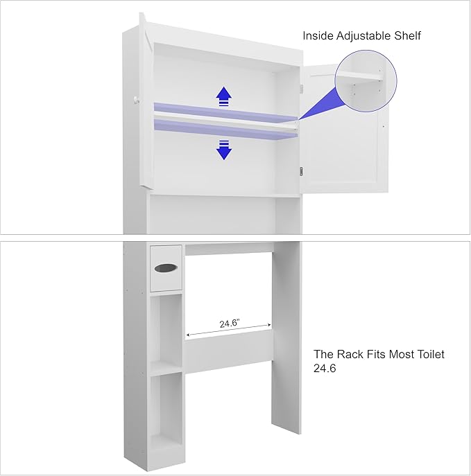Over-The-Toilet Storage Cabinet - 2 Door Bathroom Organizer with Adjustable Shelves, Farmhouse Style Space-Saving Rack for Bathroom, Toilet, Laundry Room (White)