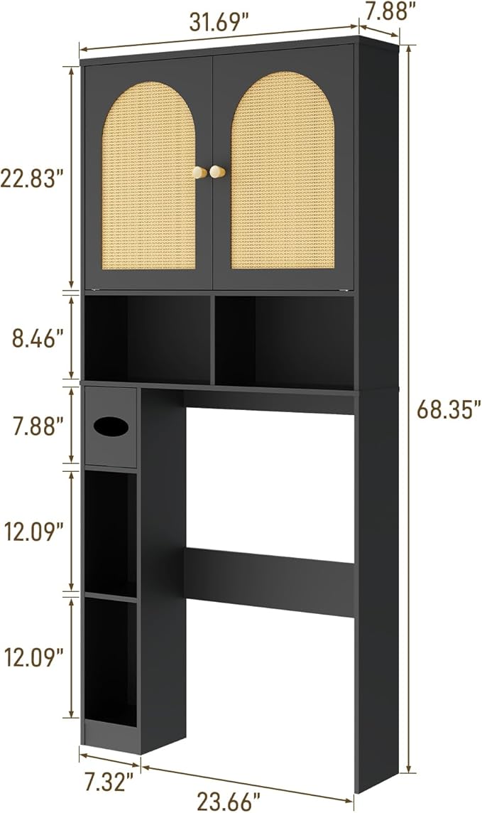 Vabches Rattan Toilet Storage Cabinet, Over Toilet Storage Wood Cabinet with 2 Doors & Toilet Paper Holder Stand, Bathroom Organizer Home Space Save Toilet Rack for Bathroom, Laundry, Restroom, Black