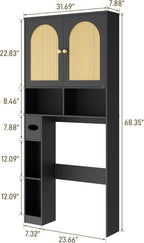 Vabches Rattan Toilet Storage Cabinet, Over Toilet Storage Wood Cabinet with 2 Doors & Toilet Paper Holder Stand, Bathroom Organizer Home Space Save Toilet Rack for Bathroom, Laundry, Restroom, Black