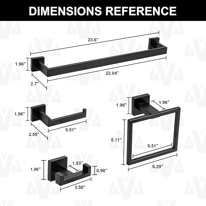 5-Piece Bathroom Hardware Set Matte Black, Lava Odoro Towel Bar Set Stainless Steel Wall Mounted - Include 2 Towel Bar Towel Ring Toilet Paper Holder and Double Hook, 23.6-Inch