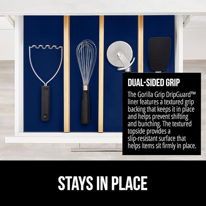 GORILLA GRIP DripGuard Shelf Liner, Non Adhesive Drawer and Kitchen Cabinet Protector, Slip Resistant BPA Free Smooth Surface Plastic Liners for Cabinets, Bathrooms, Closets, 17.5x240 Inch, Navy Blue