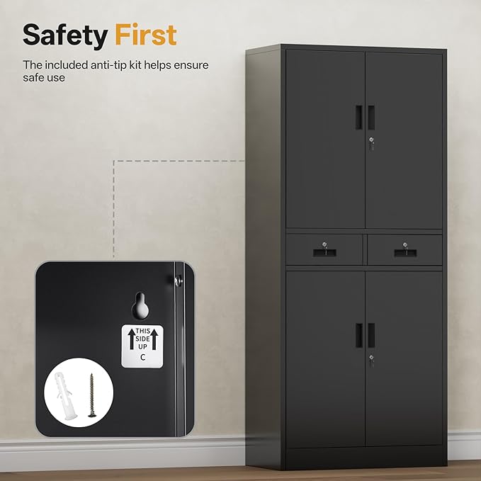 Metal Storage Cabinet，71" Garage Storage Cabinet with 2 Locking Drawer and 4 Adjustable Shelves ，Black Tool Cabinet，Lockable File Steel Cabinet for Home, Office, Gym, School.