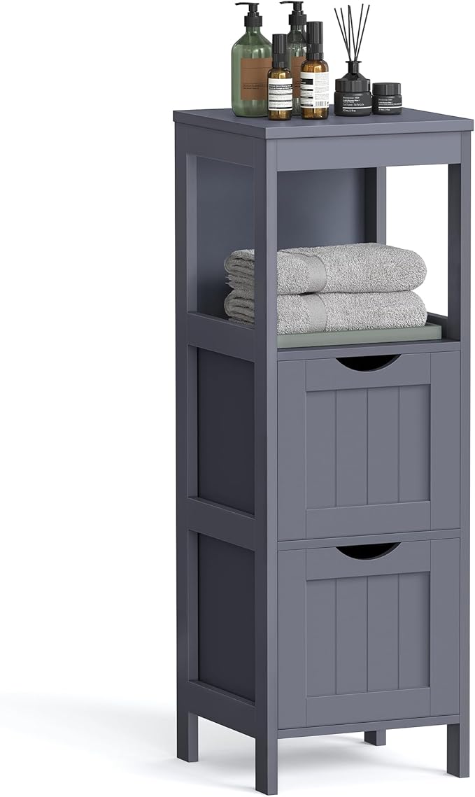 VASAGLE Storage Cabinet, Storage Organizer Rack Stand for Bathroom, Living Room, Bedroom, Multifunctional Corner Unit, 2 Drawers, 35 Inches in Height, Slate Gray BBC042G01