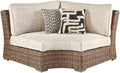 Signature Design by Ashley Beachcroft Outdoor Curved Corner Chair with Cushion, 2 Pillows, Performance Fabric, Resin Wicker, 18.5" Seat Height, Beige