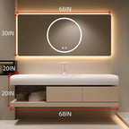 68IN Bathroom Vanity with Sink - Bathroom Cabinet Set has 2 Drawers & Overflow Hole Wall Mounted | LED Practical Defogging Mirror, Open Compartments, Seamless Rock Slab Basin (Khaki)