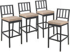 COSTWAY 4 PCS Patio Bar Chairs, Heavy-Duty Metal Frame Bar Stools, Indoor Outdoor All-Weather Resistant Barstools with Detachable Cushion & Footrest, for Patio, Garden, Poolside (4)