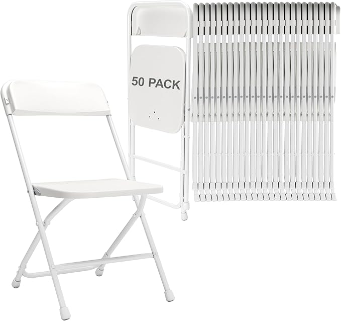 Folding Chairs 50 Pack,White Plastic Folding Chair for Outdoor Use,Heavy Duty 350lb Capacity Portable Event Chairs with Steel Frame,Wedding,Party,Office,Dining (No Assembly Required)