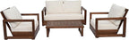 Christopher Knight Home Olaf 4 Pieces Outdoor Conversation Set, Acacia Wood Chat Set, Rectangular Coffee Table and Patio Loveseat with 2 Club Chairs, Patio Furniture Set with Cushion, Beige+Mocha