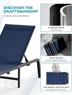 Ciokea Patio Chaise Lounge Chair, Foldable Lounge Chair for Outside, Aluminum Chairs Set of 2 with 5 Adjustable Backrest, Outdoor Pool Lounger for Poolside, Lawn, Deck, Navy Blue
