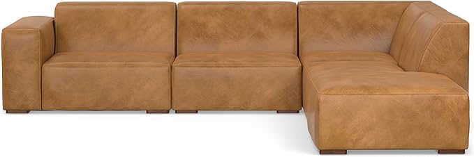 SIMPLIHOME Rex Right Corner Sectional Modular Sofa and Ottoman Set in Full-Grain Genuine Leather, Sienna, 116-inch-wide L-Shaped Leather Sofa and Matching 34-inch-Wide Table Ottoman for Living Room