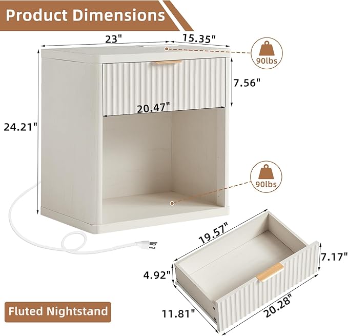 LEYAOYAO Fluted Farmhouse Nightstand Set of 2 with Charging Station, 23" Wide 1 Drawers End Table,White Dresser for Bedroom,Bed Side Table Chest of Drawers Cabinet,Wood Night Stand for Living Room