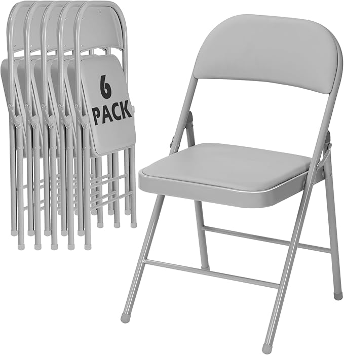 6 Pack Gray Folding Chairs with Padded Cushion for Outside, Portable Stackable Commercial Metal Foldable Chairs with Steel Frame for Party Home Events Office Wedding, 350lbs Capacity