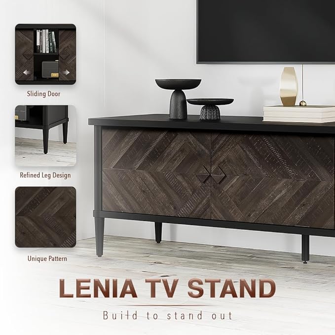 Lenia 65 Inch Solid Acacia Wood TV Stand, Modern Farmhouse Mid Century Media TV Console, Entertainment Center with Storage & Cabinets for Living Room, Mocha Black Finish