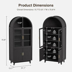 Arched Cabinet with Glass Doors, Fluted Tall Pantry with Solid Wood Legs, 71" Modern Accent Cabinet for Living Room, Kitchen, Dining Room, Entryway, Black