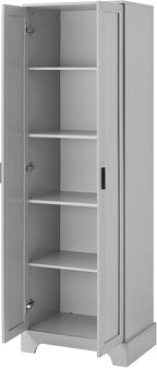 Tall Freestanding Storage Cabinet, Multi-Purpose Floor Organizer with 2 Doors & 5 Adjustable Shelves for Bathroom, Office, Living Room, Grey