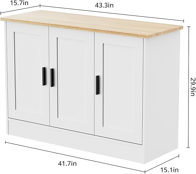 Anystyle 43.3”W White 3 Door Buffet Cabinet, Coffee Bar with Adjustable Shelf, Kitchen Sideboard for Living Room, Kitchen