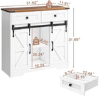 Vabches Bathroom Floor Cabinet, Farmhouse Storage Cabinet with Sliding Barn Door and Storage Drawers, White Buffet Cabinet with Adjustable Shelves for Bathroom, Kitchen, Entrance Area, Living Room