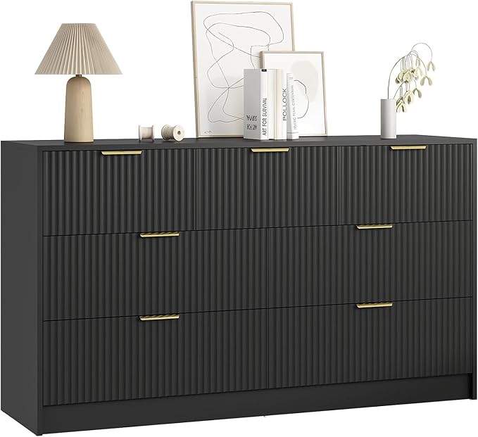 7 Drawers Dresser for Bedroom,55" Wide Fluted Dresser with Deep Drawers, Modern Chest of Drawers, Wood TV Stand Storage Organizer for Closet, Living Room, Hallway, Black