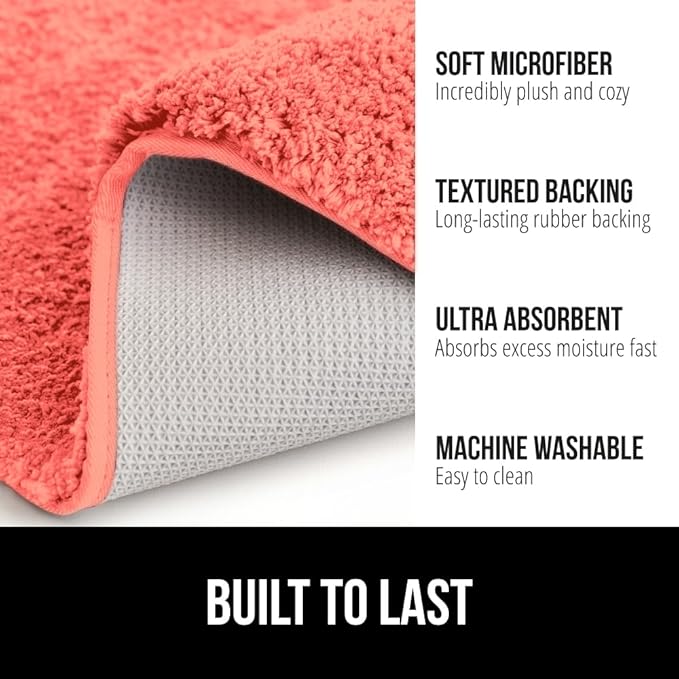 GORILLA GRIP Bathroom Rugs, 30x20, Ultra Soft Absorbent Mat, Thick Plush Bath Rug, Machine Washable, Microfiber Quick Dry, Mats for Shower, Bathtub and Floor, Home Decor Accessories, Coral