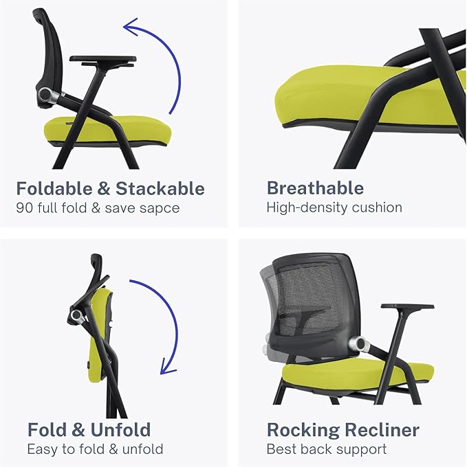 4 Pack Foldable Office Chairs with Wheels, Mesh Back, Arms and Portable - Folding Office Chairs for Conference Room Chair, Office Guest & Reception & Meeting Chair - (Green) 300 lbs.