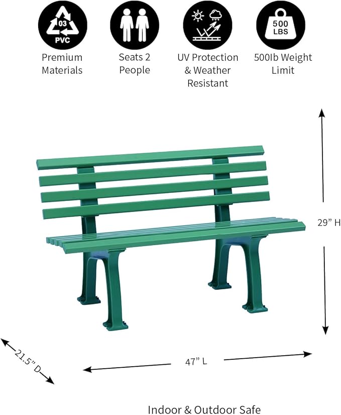 Plow & Hearth Weatherproof German PVC Outdoor Bench | Holds Up to 500 lbs | Garden Patio Porch Park Deck | Steel and Resin | Green