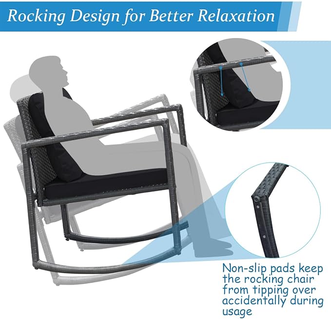 COSTWAY 3 Pieces Patio Rattan Rocking Chair Set, Outdoor Conversation Furniture Sets with Coffee Table, Storage Shelf and Cushions, Modern Bistro Set for Porch, Backyard, Garden, Black