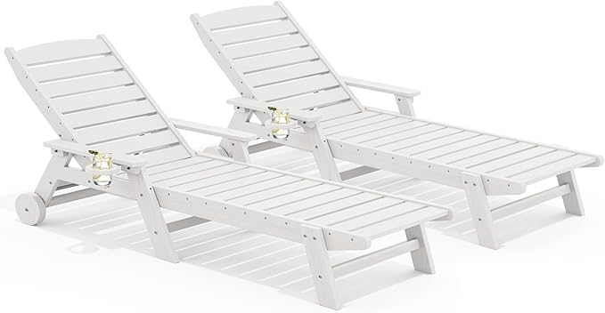SERWALL Patio Chaise Lounge Chair Set of 2, 78'' Long 5-Positions Adjustable HDPE Outdoor Lounger for Pool, Poly Lounge Chair with Rolling Wheels & Cup Holder for Poolside, Deck, White