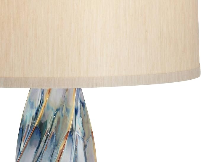 Possini Euro Design Teresa Coastal Modern Table Lamp with Round Riser 32.5" Tall Blue Teal Drip Ceramic Beige Drum Shade Living Room Bedroom House Bedside Nightstand Home Office (Color May Vary)