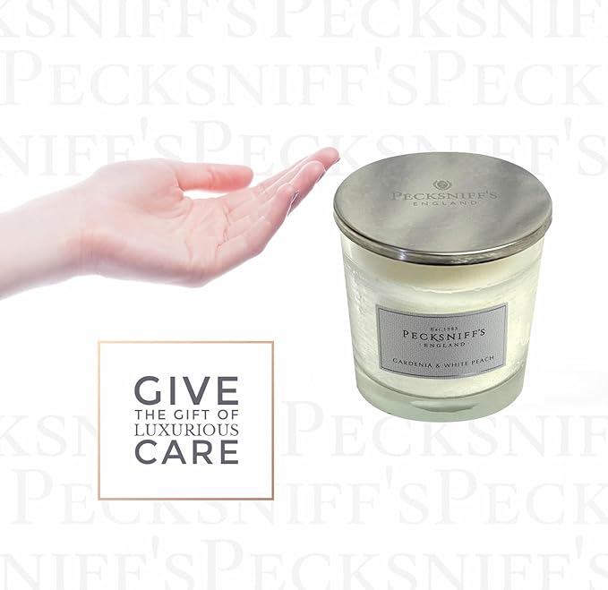 Pecksniffs Classic Gardenia & White Peach Scented Candle | 3 Wicks Luxury Candle in Elegant Glass Vessel with Metal Lid | Gardenia Scented Candles | 550g/19.4oz