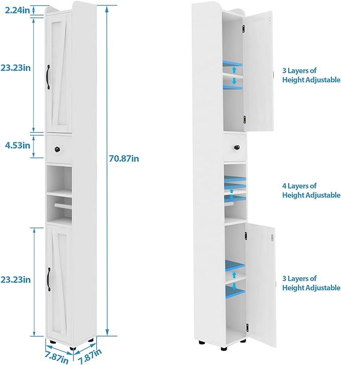 Maupvit Bathroom Cabinet with Adjustable Shelf, Storage Cabinet for Small Space, Tall Bathroom Storage Cabinet with Retractable Toilet Paper Rod, Narrow Cabinet with 2 Doors, 8 Compartments (White)