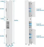 Maupvit Bathroom Cabinet with Adjustable Shelf, Storage Cabinet for Small Space, Tall Bathroom Storage Cabinet with Retractable Toilet Paper Rod, Narrow Cabinet with 2 Doors, 8 Compartments (White)