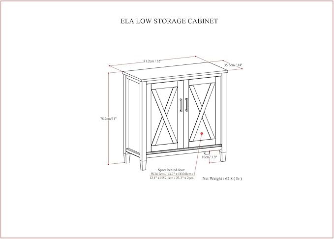 SIMPLIHOME Ela Solid Wood 32 inch Wide Transitional Low Storage Cabinet in Smoky Brown for The Living Room, Entryway and Family Room
