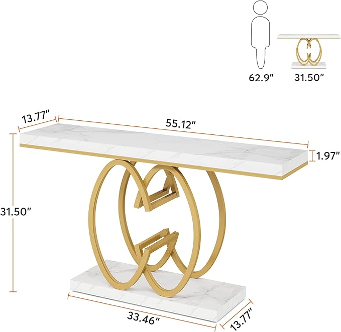 Tribesigns 55 Inch Console Table for Hallway, Faux Marble Gold Entryway Table with Geometric Metal Base, Modern Narrow Sofa Accent Table for Entrance, Living Room, Foyer (White & Gold)