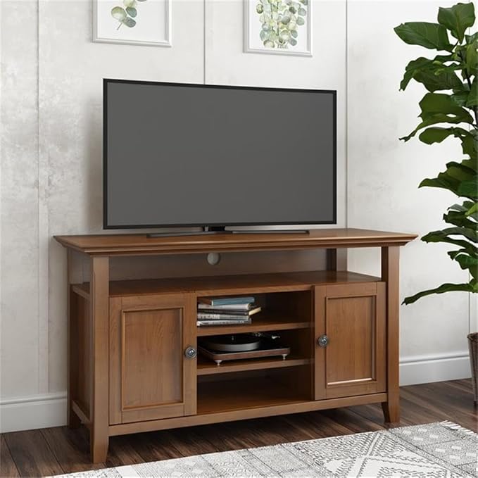 SIMPLIHOME Amherst 54-inch Wide Solid Wood TV Stand in Light Golden Brown, Transitional-Style Media Console for Living Room with Adjustable Shelves and Cable Management