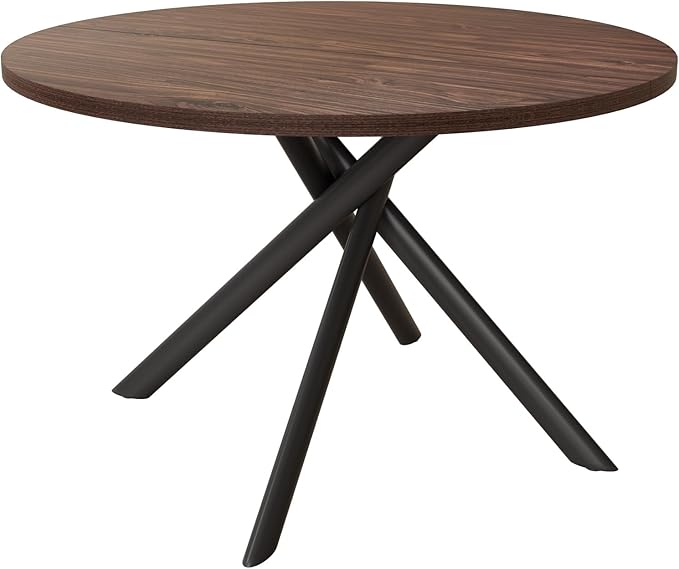 45.3 Inch Modern Round Dining Table for 4, Space-Saving Dinette with Carbon Steel Legs for Home Kitchen Apartment(Dark Walnut Table)