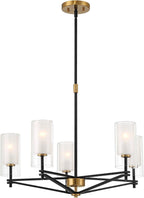 Possini Euro Design Nyack 25" Modern Pendant Chandelier Ceiling Light Fixture Dining Room Over Table Kitchen Island Foyer Open Frame Hanging 5-Light Black Gold Finish White Glass Hallway Entryway