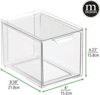 mDesign Plastic Pantry Organization and Storage Bin w/Pull Out Drawer - Slim Stackable Kitchen Supplies Storage Container for Organizing Cabinet, Fridge, Freezer - Lumiere Collection - 4 Pack - Clear