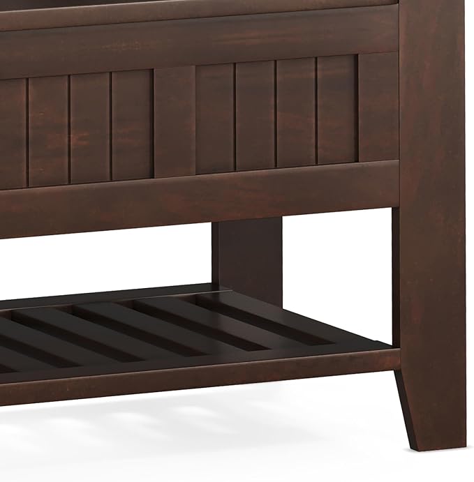 SIMPLIHOME Acadian Entryway Storage Bench - 48 inch Wide Solid Wood Hallway Seat with Shelf in Brunette Brown, Transitional Bench for Entryway or Living Room with Open Storage and Slatted Bottom