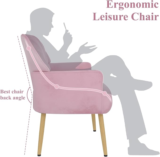 Velvet Accent Chair, Upholstered Modern Leisure Single Sofa Side Chair, Comfy Tufted Back Armchair with Metal Legs for Living Room/Bedroom/Office/Reading Room, Pink
