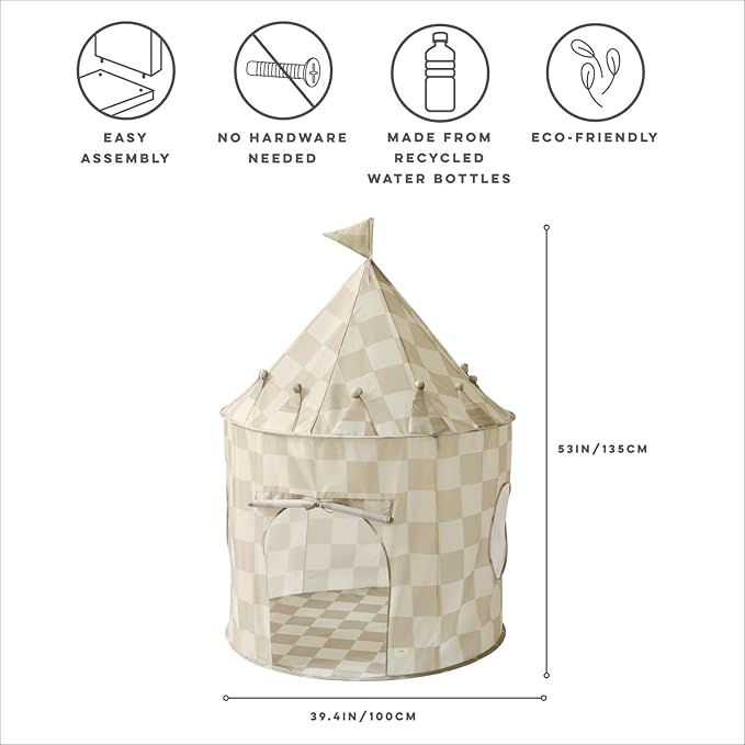 3 Sprouts Kids Play Tent - Sustainable Recycled Fabric – Fun Spacious Childs Playhouse for Indoor Games for Boys & Girls - Durable Fort Pop Up House for Toddlers & Children Age 3-10 - Checkered Beige