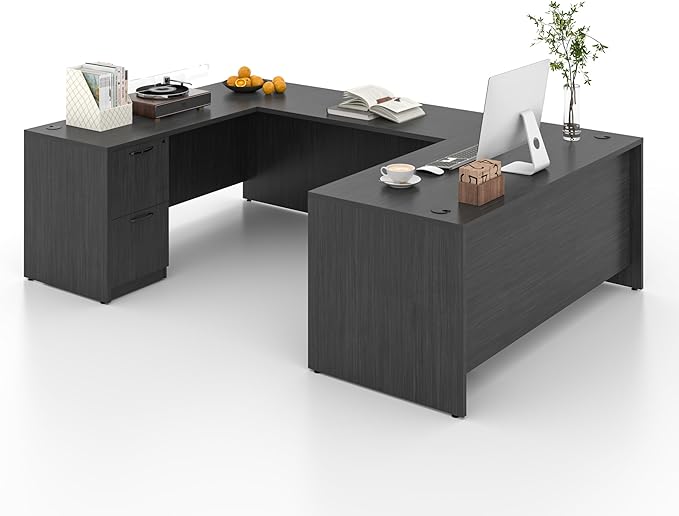 100.4" U-Shaped Executive Computer Desk with Lockable File Cabinets, Large Home Office or Business Workstation with Drawers, Cable Management (Gray)