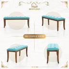 MFSTUDIO 44" Vintage Tufted Entryway Bench, Extra Large Memory Foam Upholstered Wood Ottoman Bench Dining Bench, Rectangle Tufted Fabric Bench for Living Room Hallway, Light Blue Cushion