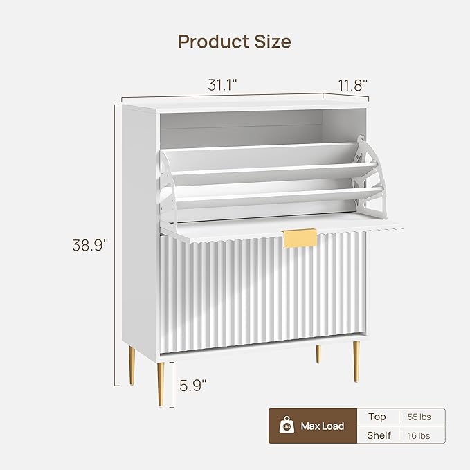 SICOTAS Fluted Shoe Cabinet Storage for Entryway with 6 Flip Drawers-11.8"Deep Freestanding Shoe Organizer Cabinet with 6-tier Shelves, Large 60 Pairs Shoes Rack Cabinet for Foyer Hallway, White, 3PCS