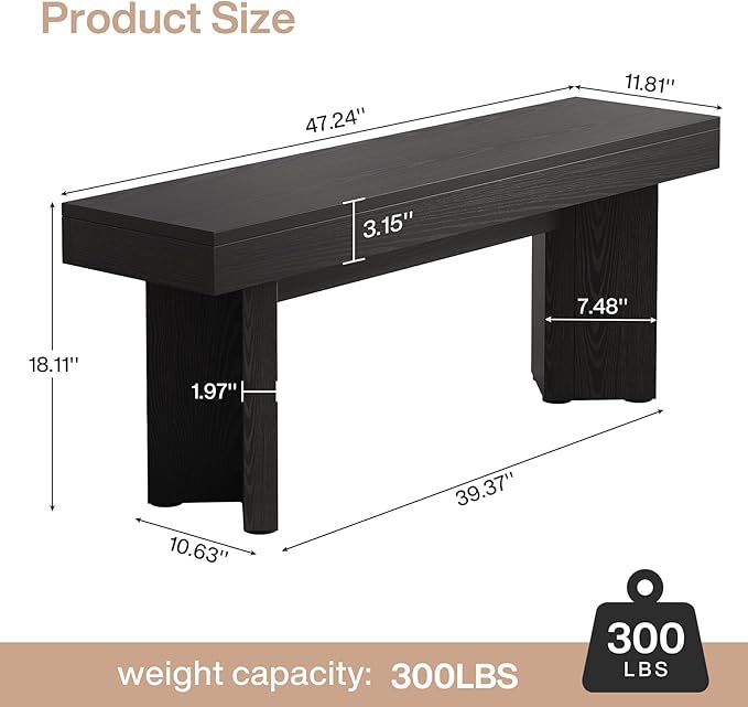 Tribesigns 47" Wooden Entryway Bench, Farmhouse Indoor End of Bed Bench, Long Table Benches Seat for Bedroom, Hallway, Foyer, End of Bed (Black)